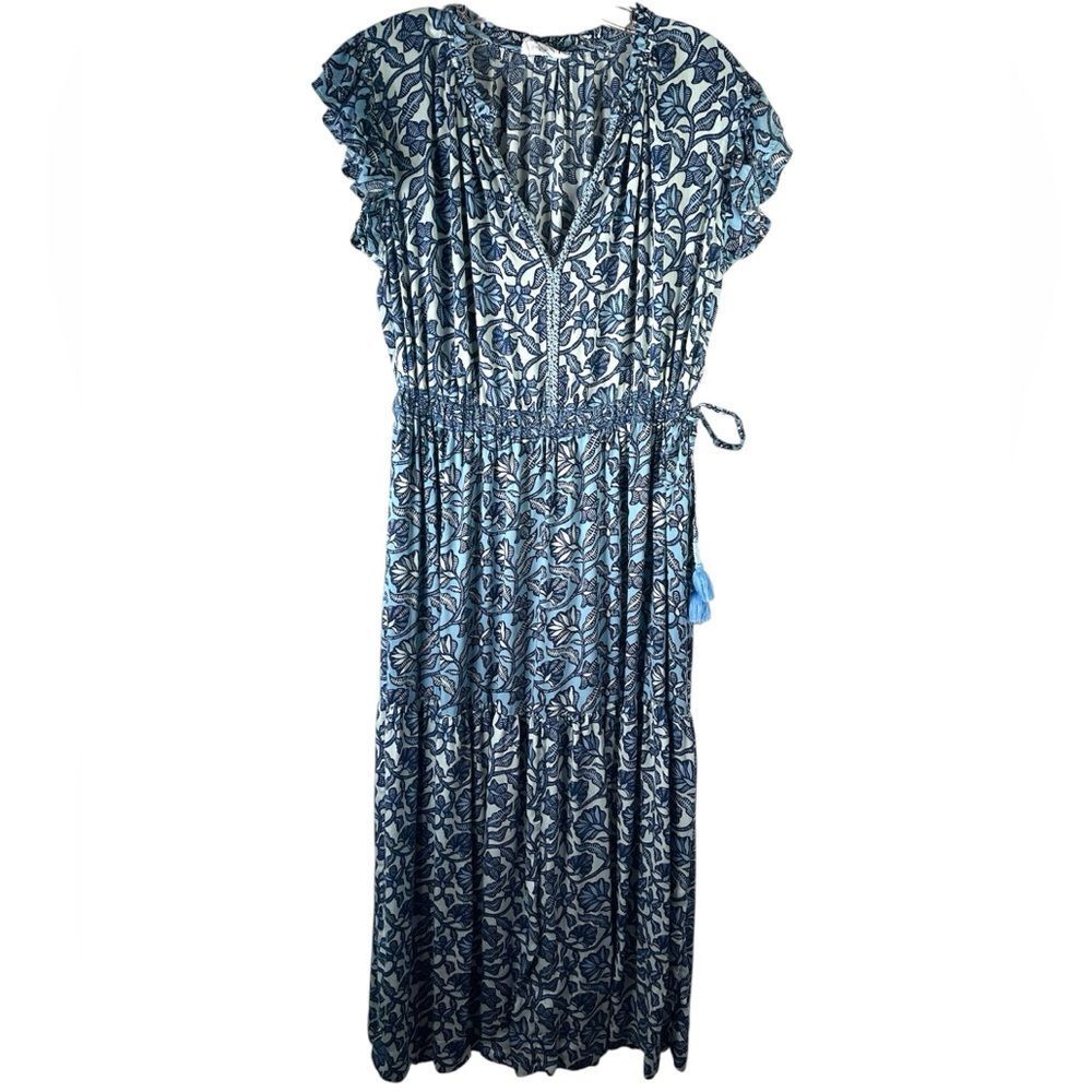 Omika ladies midi maxi dress large blue white peasant cottagecore corpcore day - Picture 2 of 16